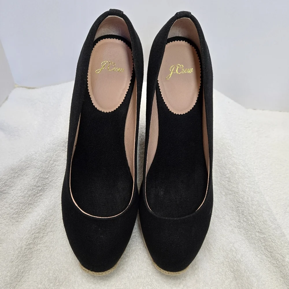 J. Crew Seville Espadrille Wedges Black Round Cap Toe Size 9 Platform Canvas